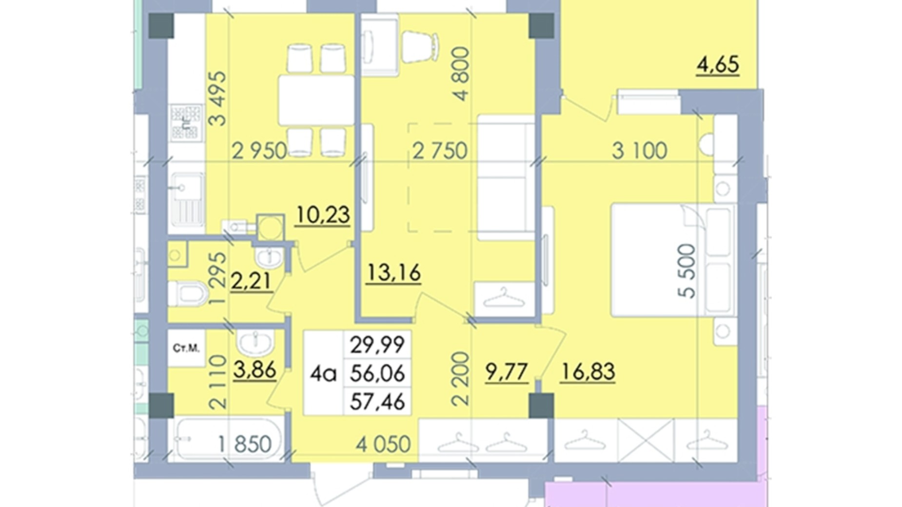 Планування 2-кімнатної квартири в ЖК вул. Полтавський Шлях, 61 57.46 м², фото 282704