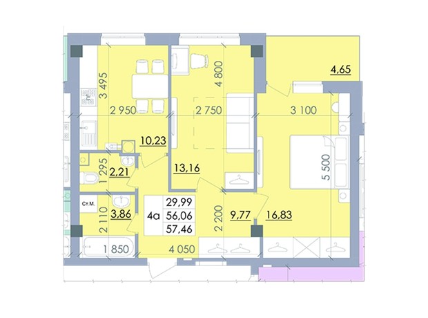 ЖК вул. Полтавський Шлях, 61: планування 2-кімнатної квартири 57.46 м²