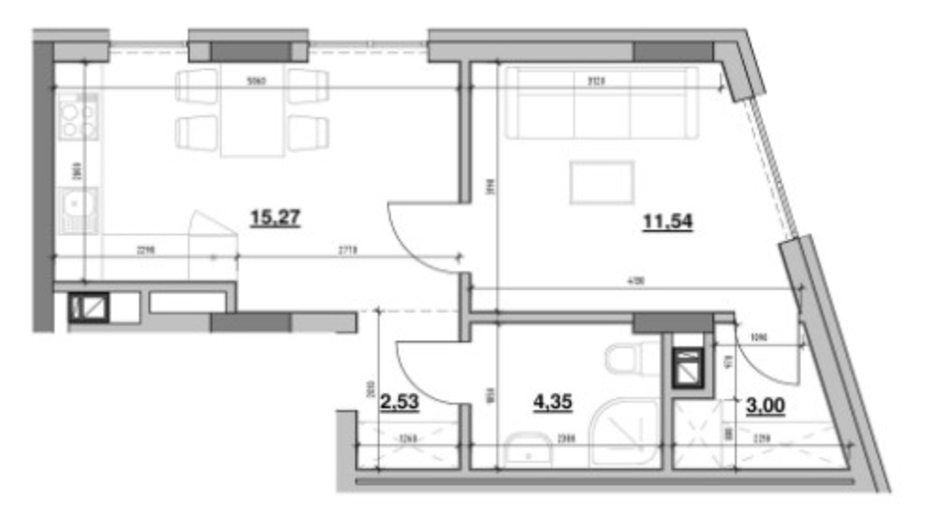 Планування 1-кімнатної квартири в ЖК Вілла Погулянка 36.69 м², фото 282797