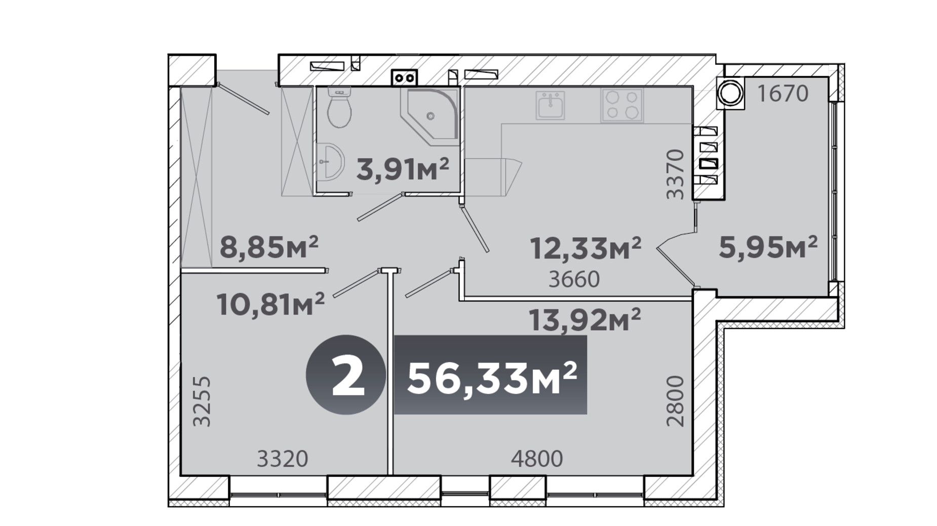 Планировка 2-комнатной квартиры в ЖК UrbanHouse 56.33 м², фото 282824