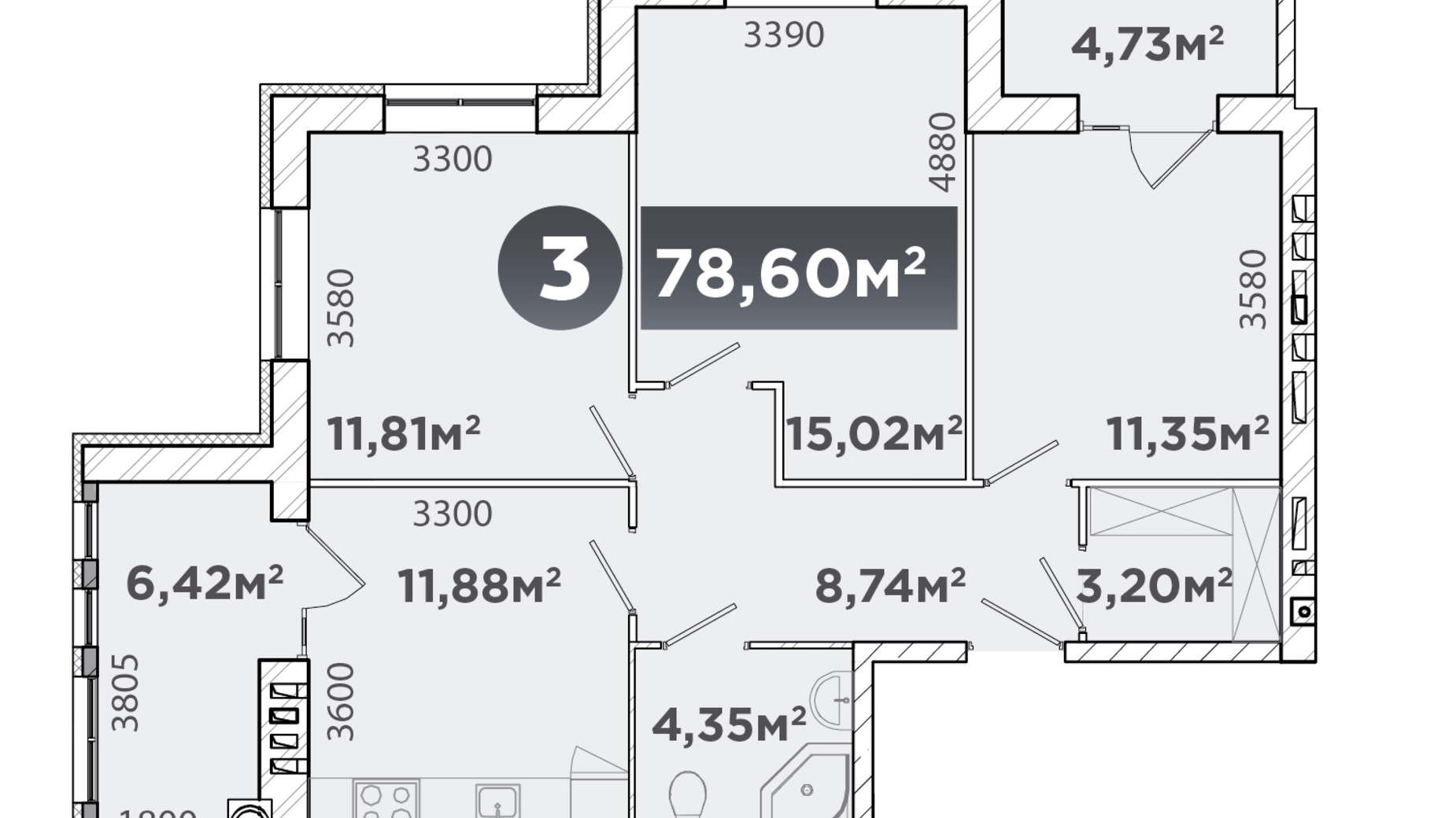 Планировка 3-комнатной квартиры в ЖК UrbanHouse 78.6 м², фото 282826