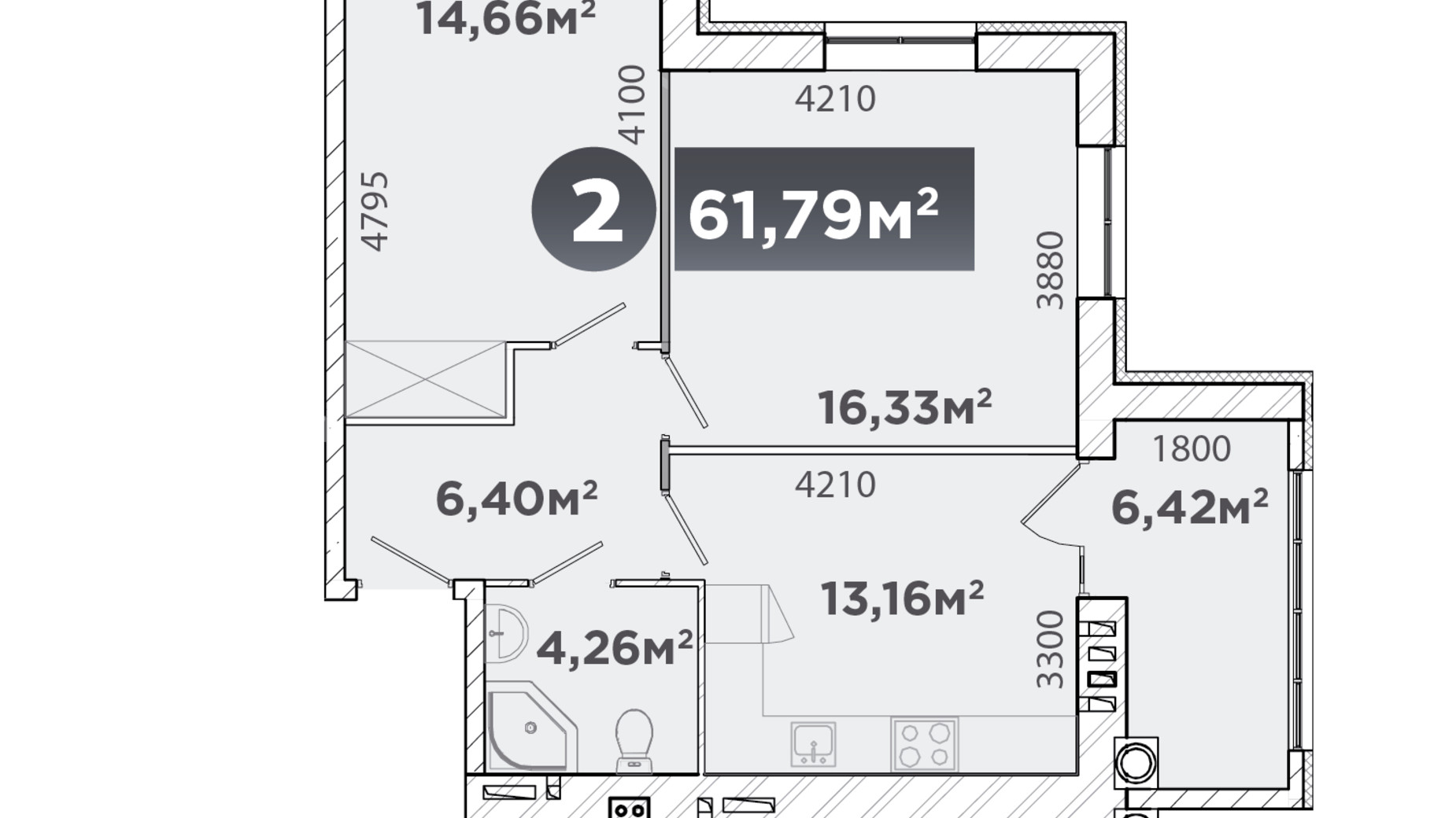 Планування 2-кімнатної квартири в ЖК UrbanHouse 61.79 м², фото 282827