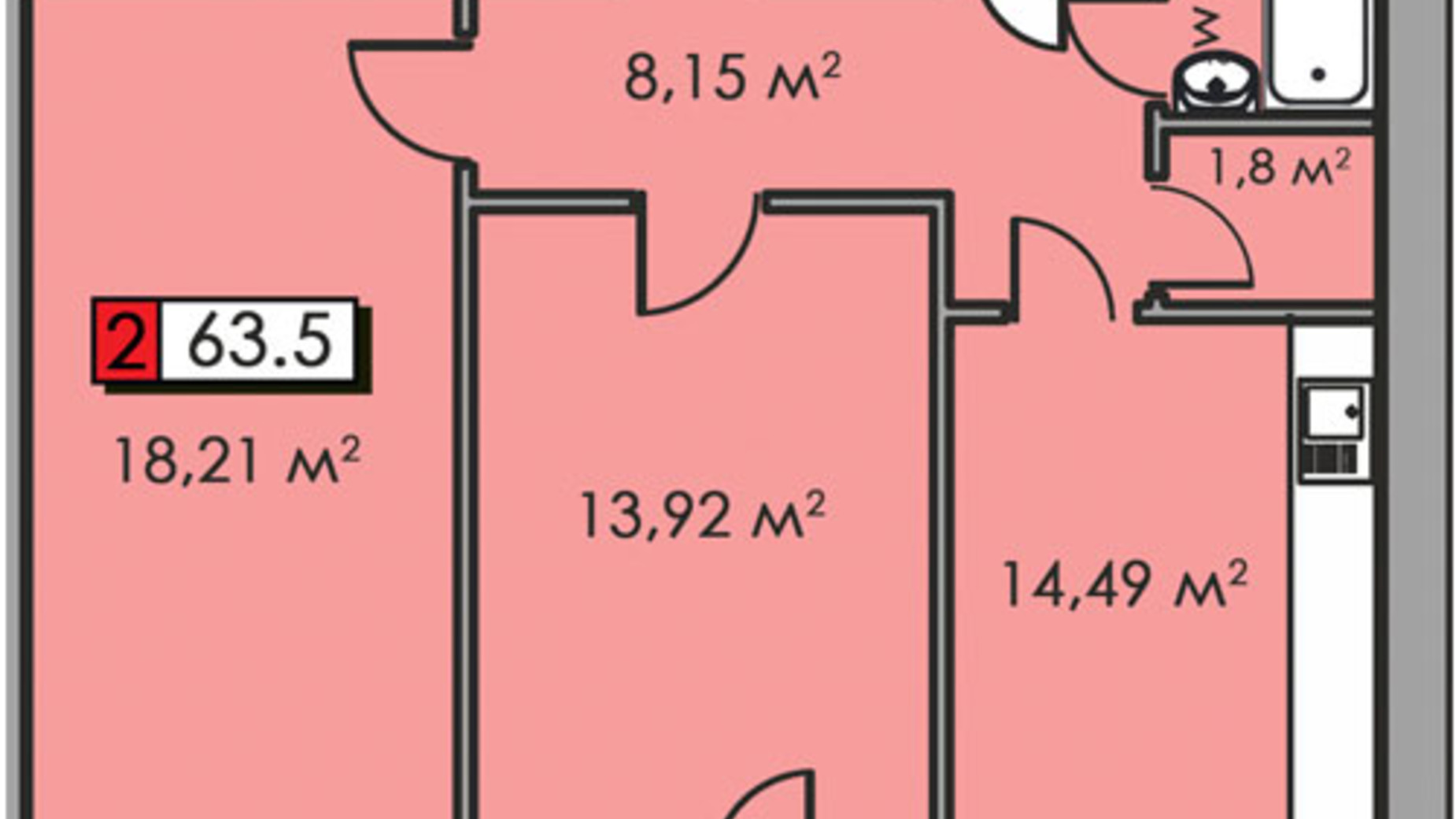 Планировка 2-комнатной квартиры в ЖК Парковый квартал 63.5 м², фото 282855