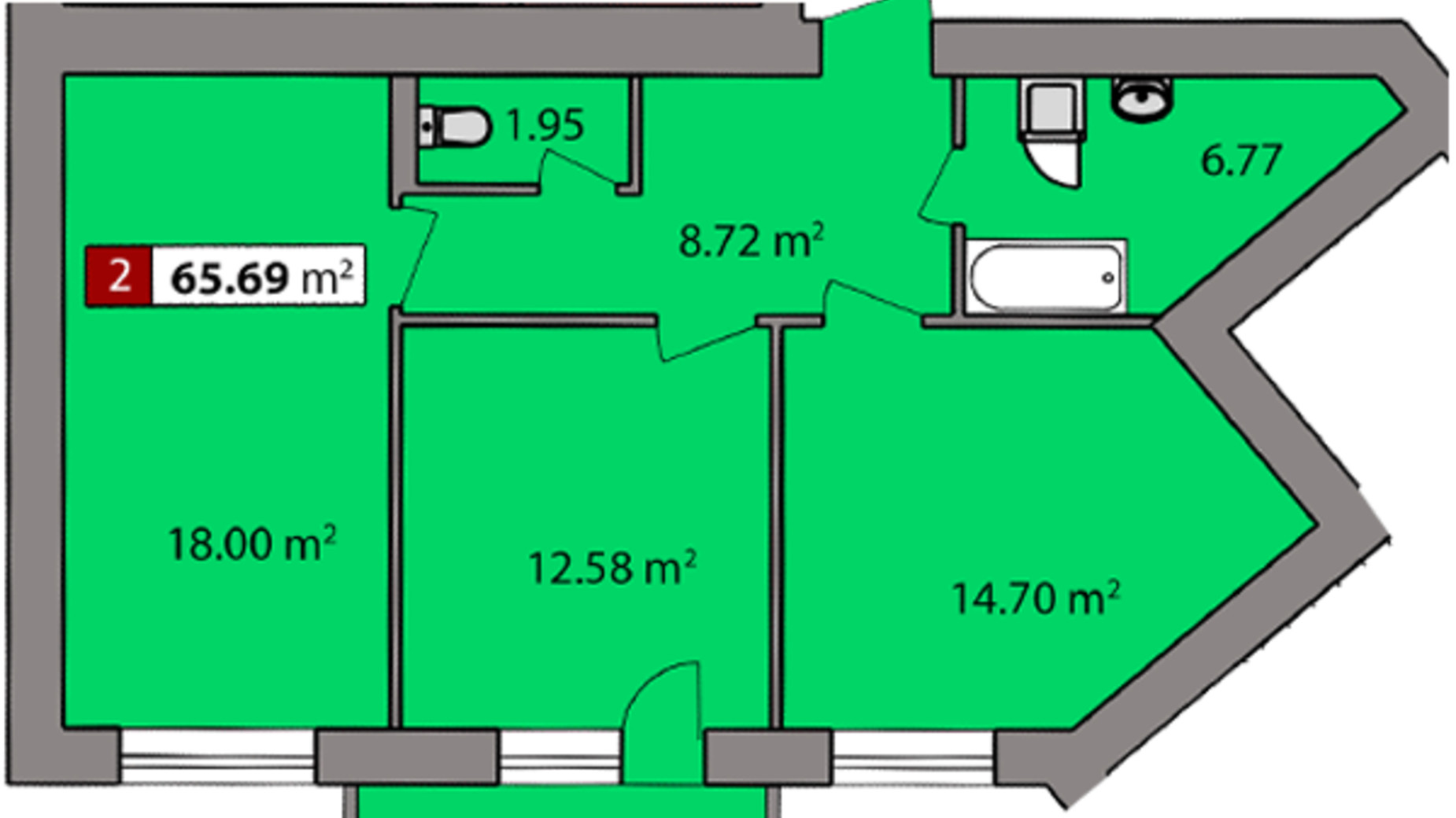 Планування 2-кімнатної квартири в ЖК Парковий квартал 65.69 м², фото 282869