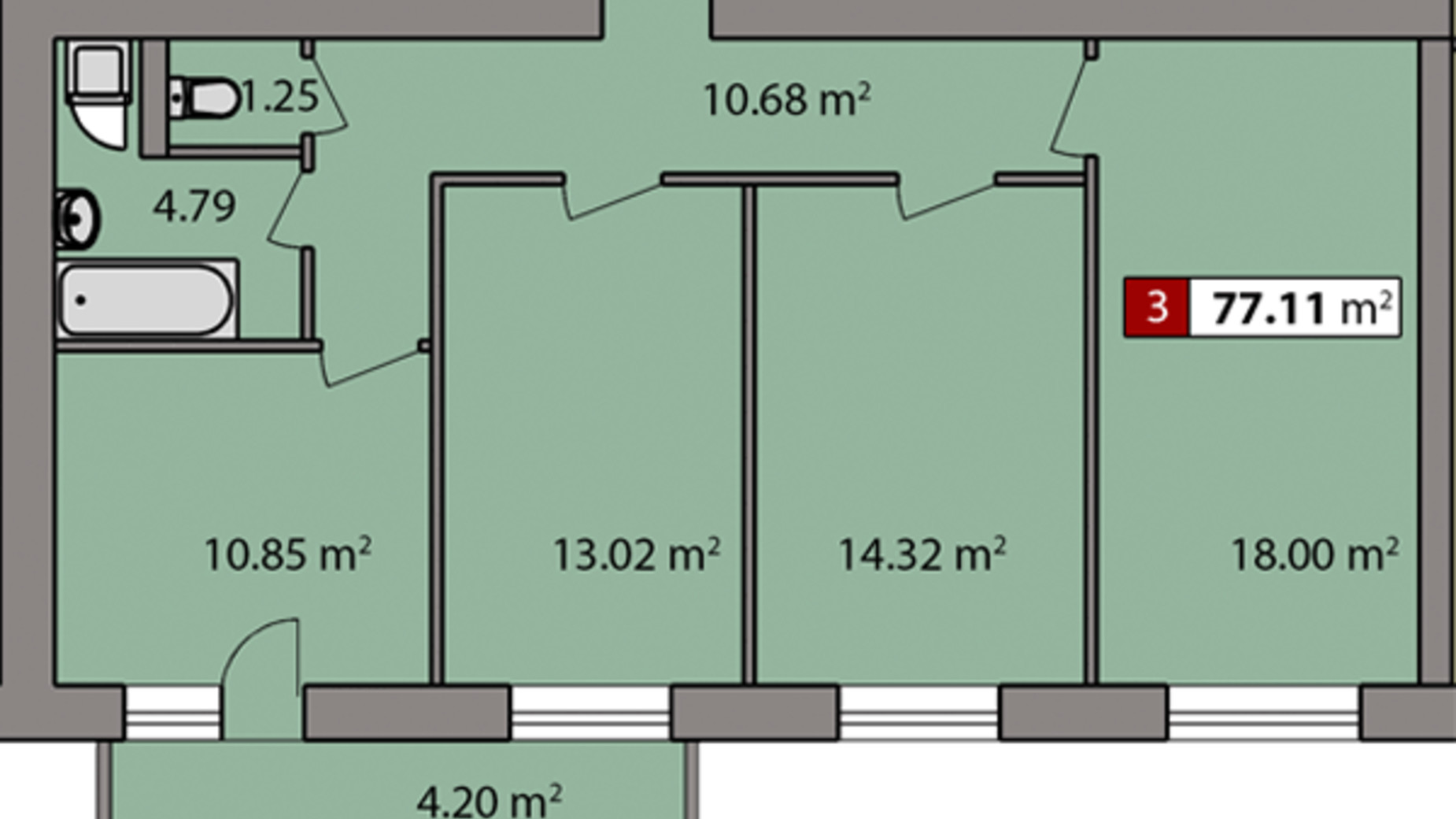 Планировка 3-комнатной квартиры в ЖК Парковый квартал 77.11 м², фото 282877