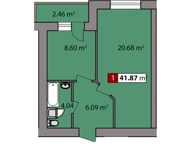 ЖК Парковый квартал: планировка 1-комнатной квартиры 41.87 м²