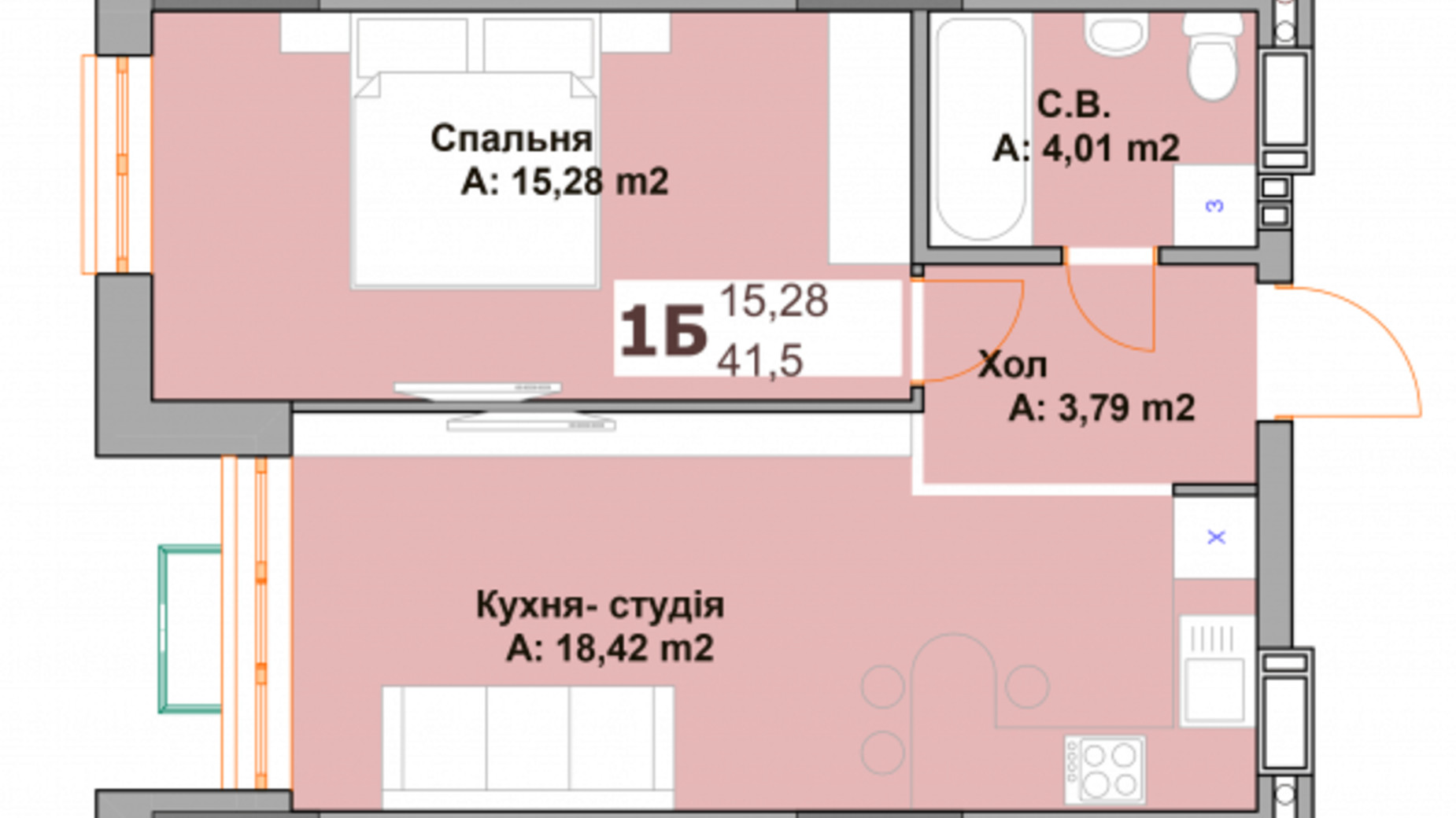 Планування 1-кімнатної квартири в ЖК Vyshgorod Sky 41.5 м², фото 282966