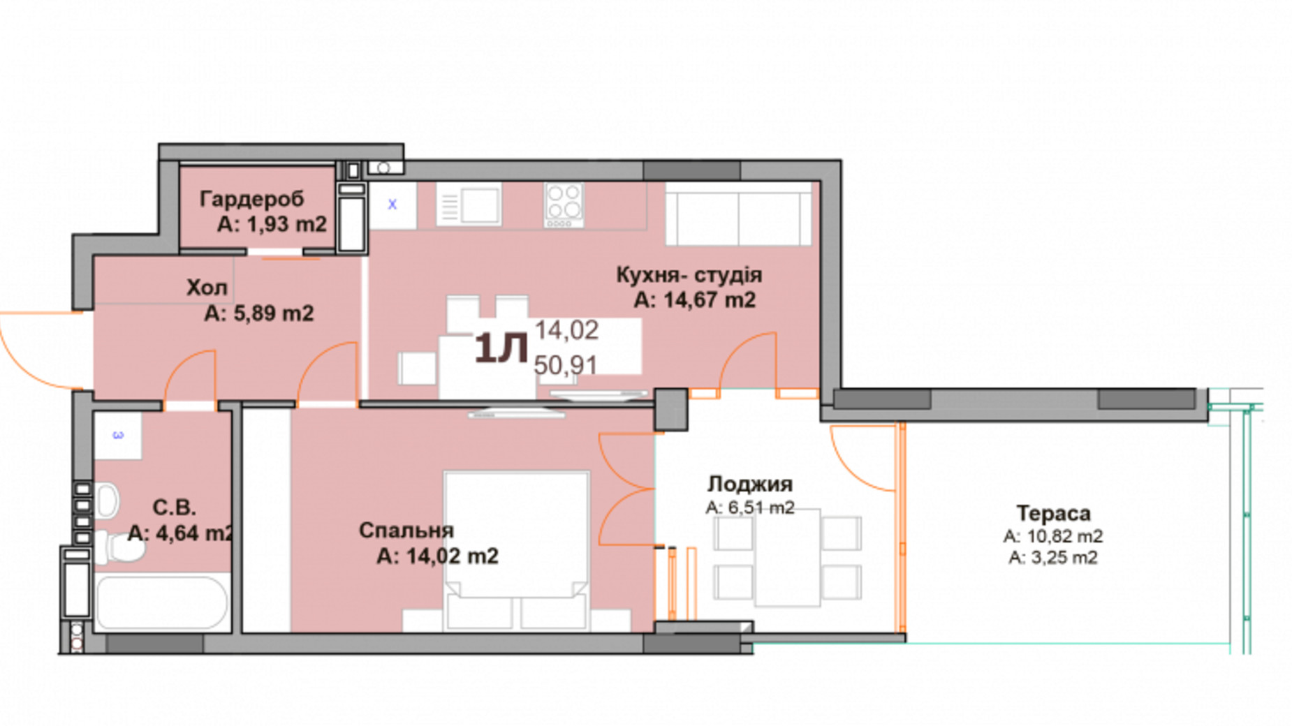 Планировка 1-комнатной квартиры в ЖК Vyshgorod Sky 50.91 м², фото 282967