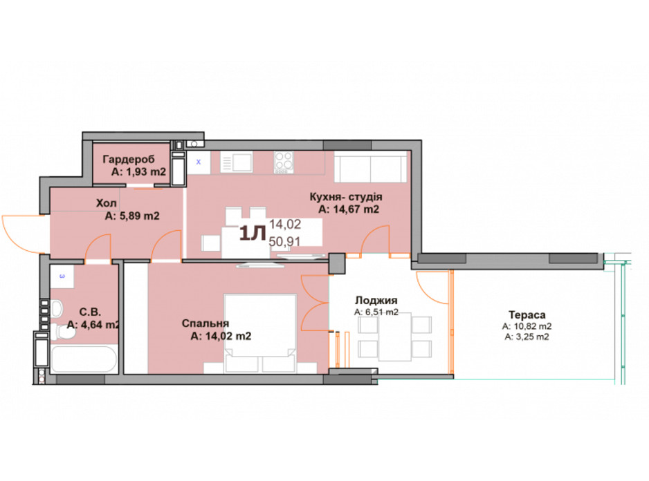 Планировка 1-комнатной квартиры в ЖК Vyshgorod Sky 50.91 м², фото 282967 Планировка 1-комнатной квартиры в ЖК Vyshgorod Sky 50.91 м², фото 282967