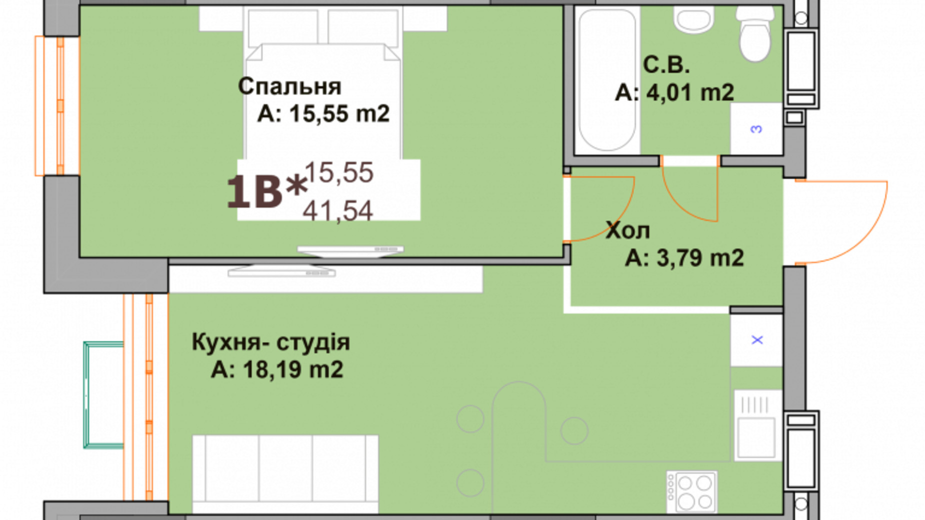 Планування 1-кімнатної квартири в ЖК Vyshgorod Sky 41.54 м², фото 282968