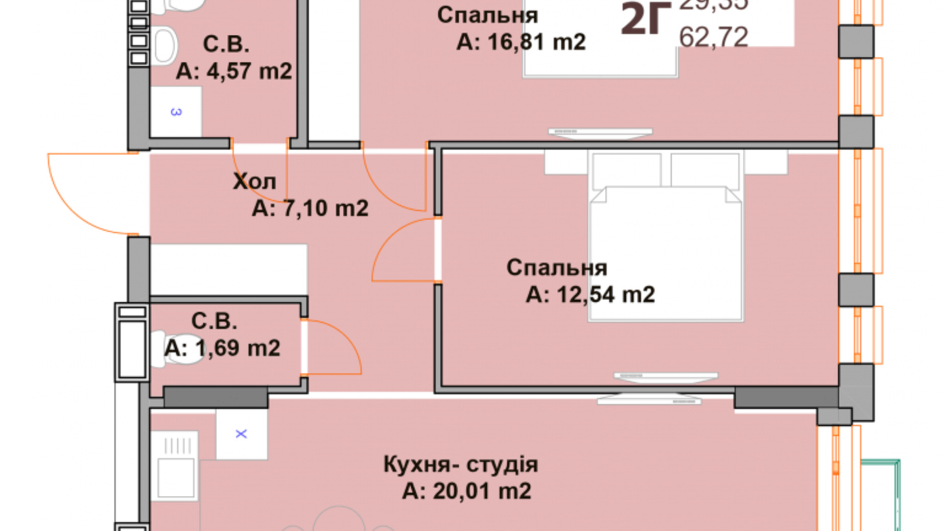 Планування 2-кімнатної квартири в ЖК Vyshgorod Sky 62.72 м², фото 282973