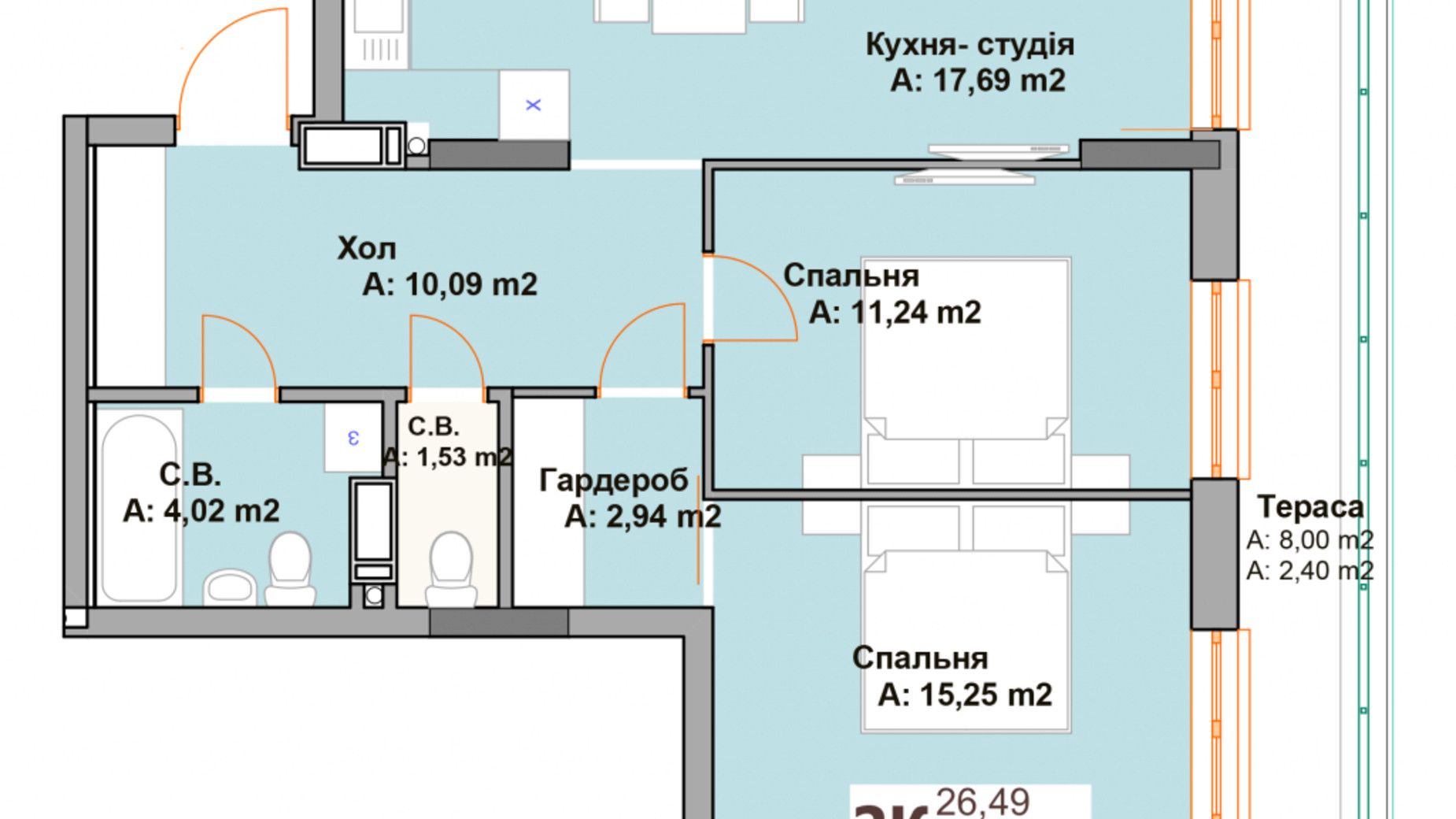 Планування 2-кімнатної квартири в ЖК Vyshgorod Sky 65.07 м², фото 282977