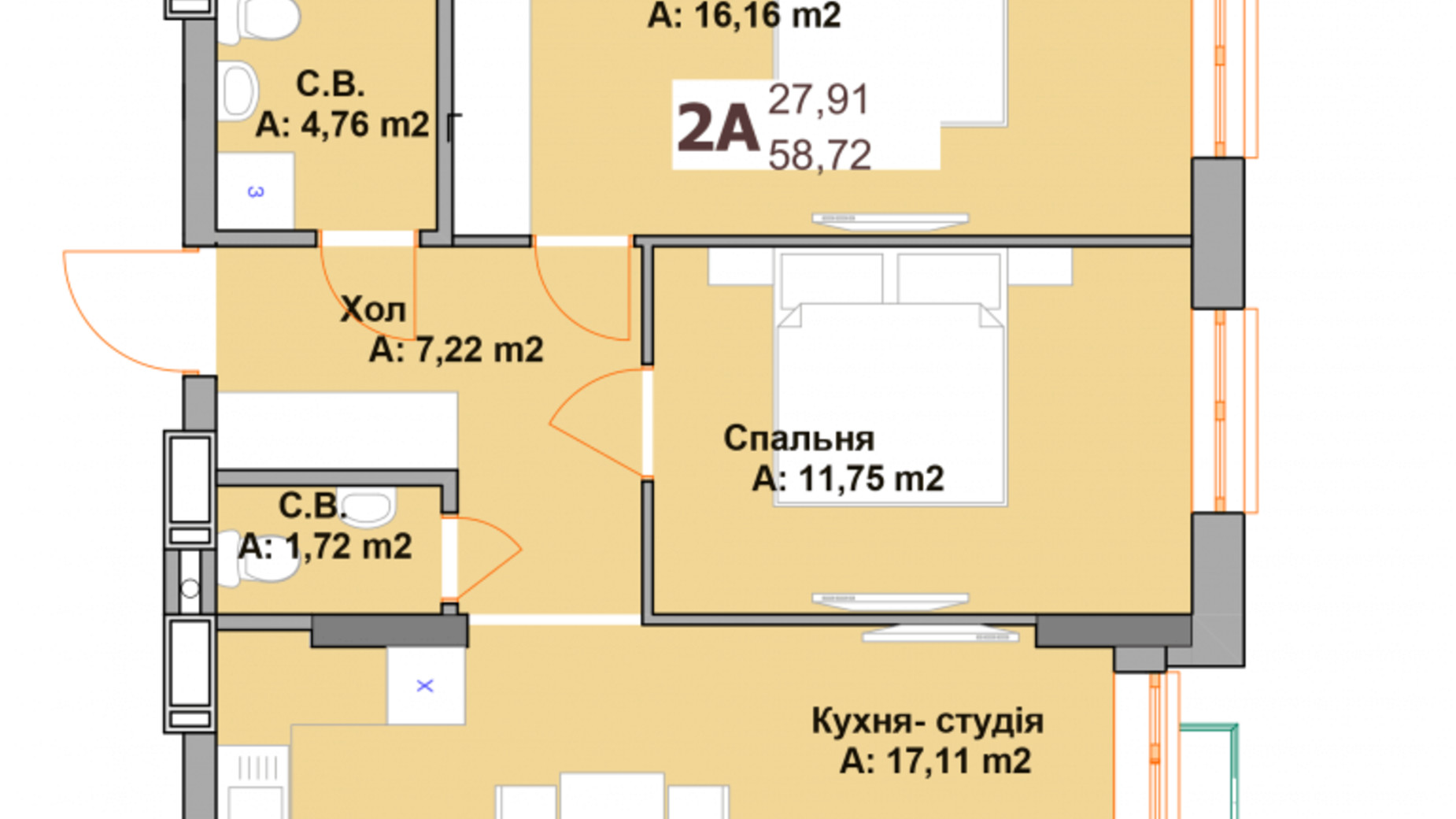 Планування 2-кімнатної квартири в ЖК Vyshgorod Sky 58.72 м², фото 282978