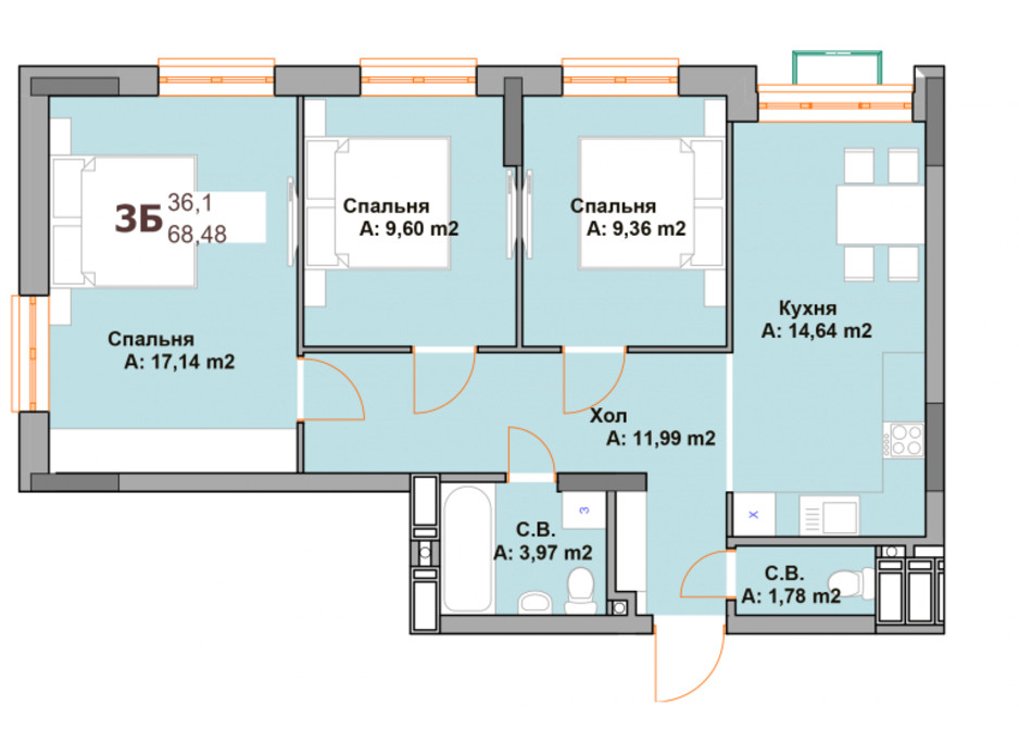 Планировка 3-комнатной квартиры в ЖК Vyshgorod Sky 68.48 м², фото 282982 Планировка 3-комнатной квартиры в ЖК Vyshgorod Sky 68.48 м², фото 282982
