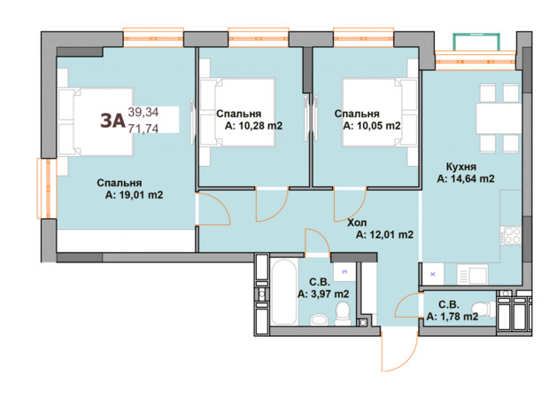 ЖК Vyshgorod Sky: планировка 3-комнатной квартиры 71.74 м²