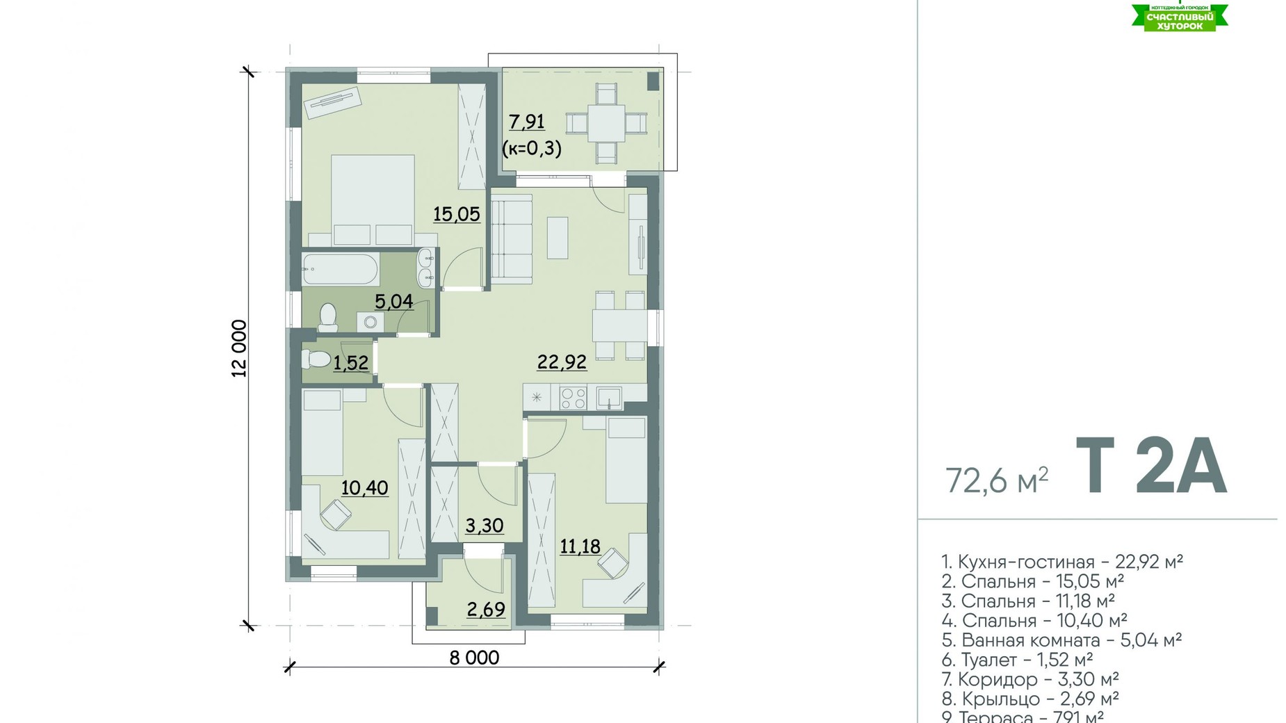 Планування котеджу в Котеджне містечко Щасливий Хуторок 72.6 м², фото 283017