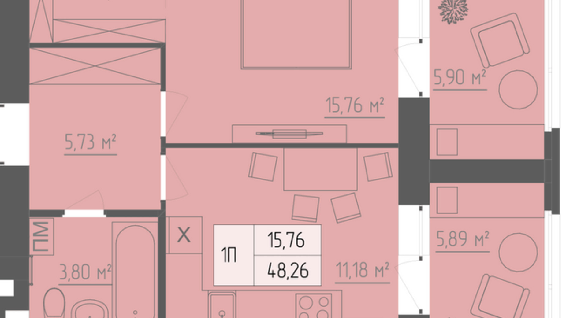 Планировка 1-комнатной квартиры в ЖК Abricos 48.26 м², фото 283282