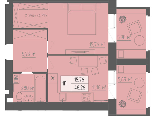 ЖК Abricos: планировка 1-комнатной квартиры 48.26 м²