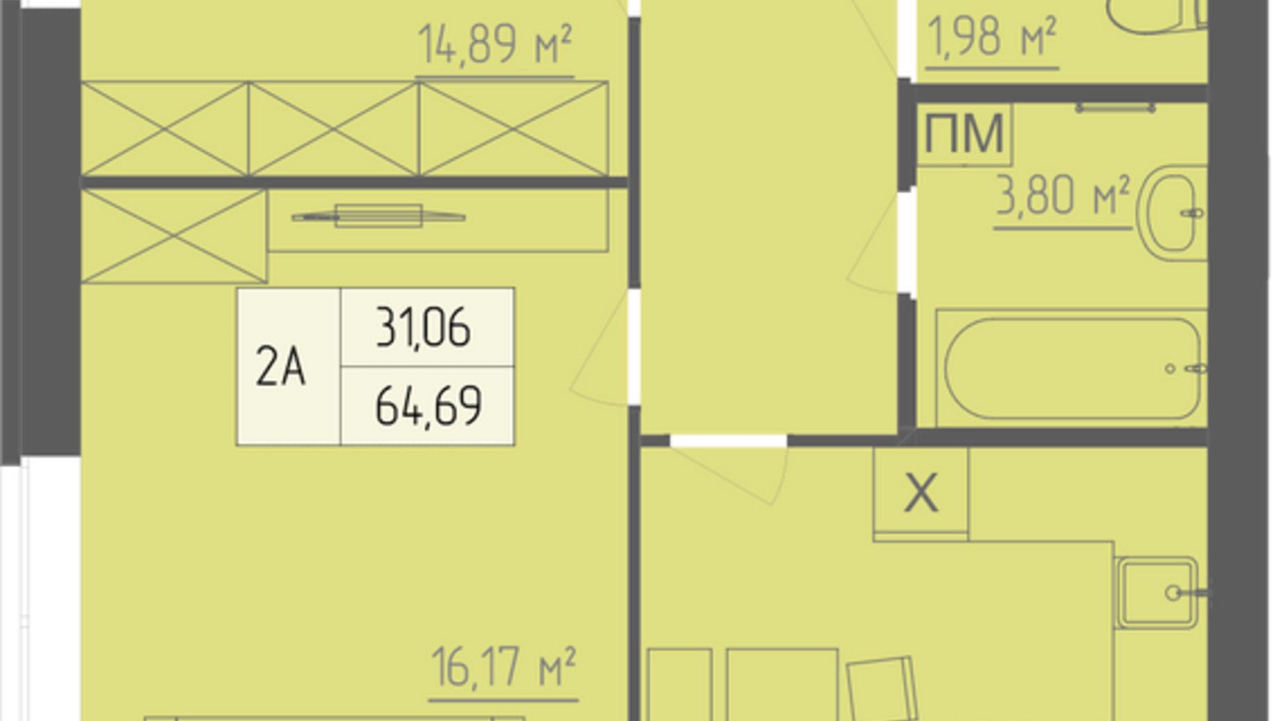 Планировка 2-комнатной квартиры в ЖК Abricos 64.69 м², фото 283286