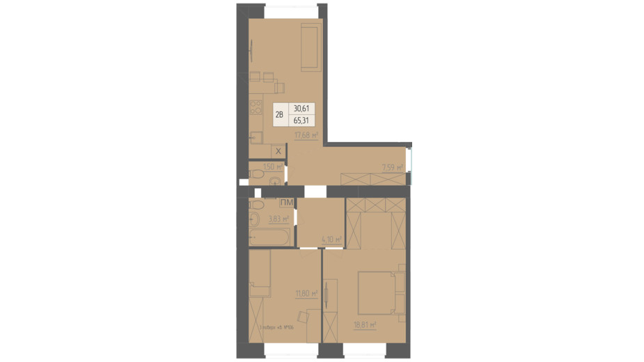 Планировка 2-комнатной квартиры в ЖК Абрикос 65.31 м², фото 283287