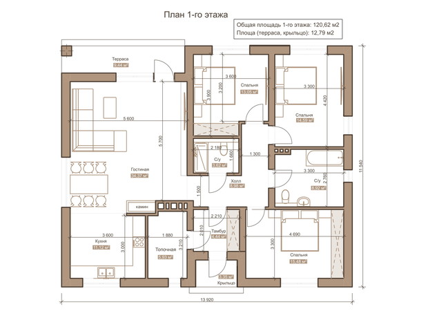 КГ Генеральский: планировка 3-комнатной квартиры 120.62 м²