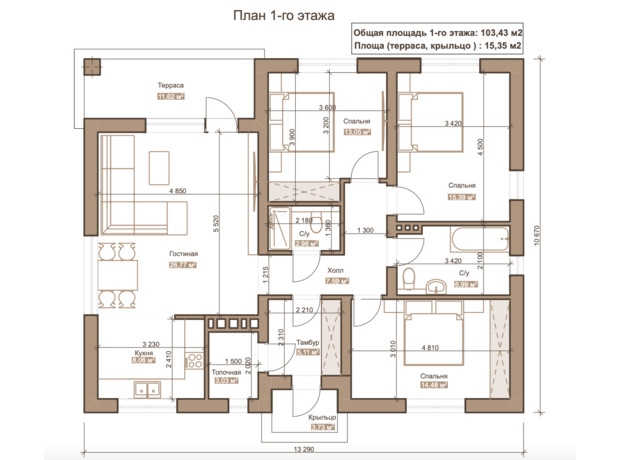 КГ Генеральский: планировка 3-комнатной квартиры 103.43 м²