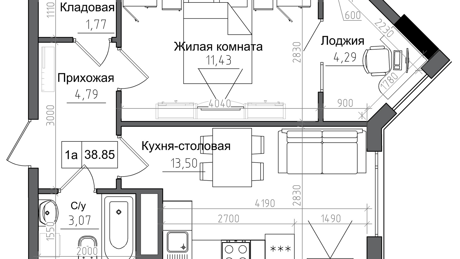 Планировка 1-комнатной квартиры в ЖК Artville 38.74 м², фото 283867