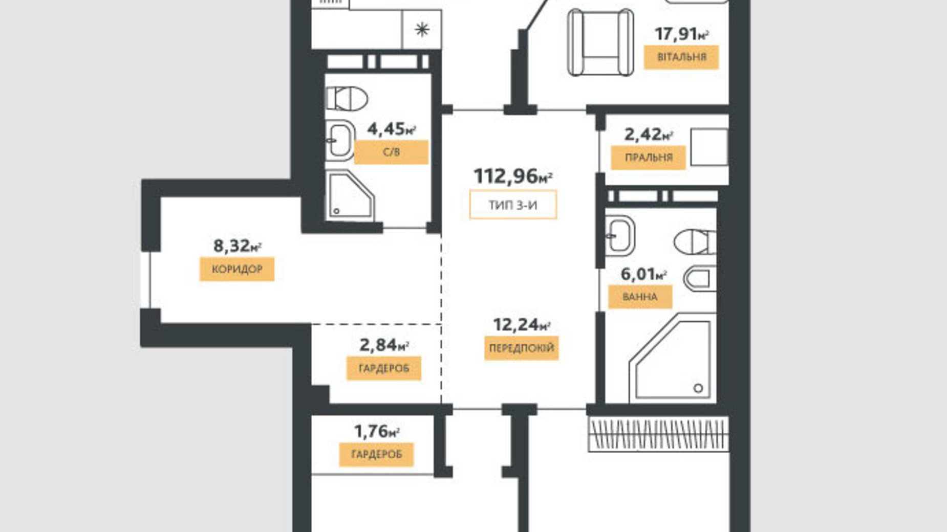Планировка 3-комнатной квартиры в КД La Manche 112.96 м², фото 283927