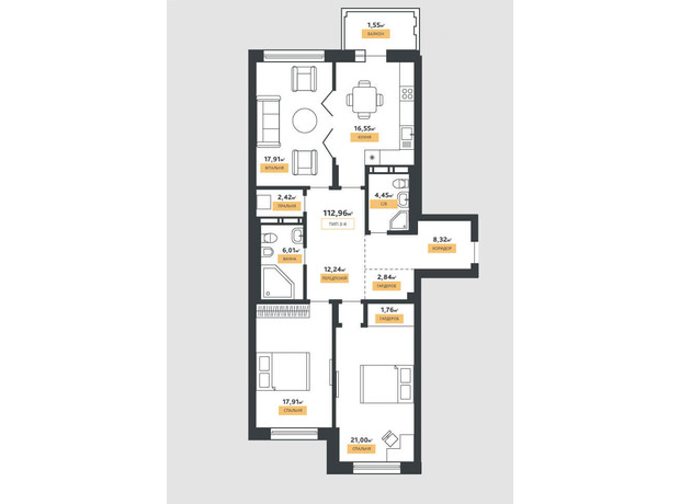 КБ La Manche: планування 3-кімнатної квартири 112.96 м²