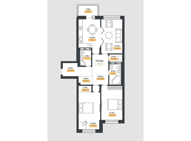 КД La Manche: планировка 3-комнатной квартиры 112.96 м²