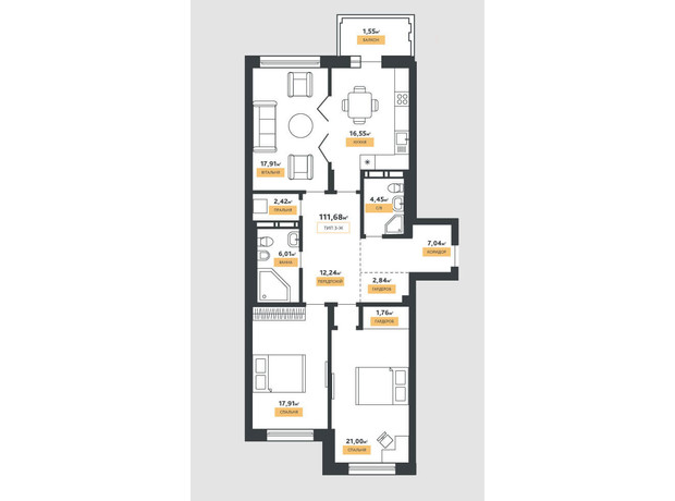 КД La Manche: планировка 3-комнатной квартиры 111.68 м²