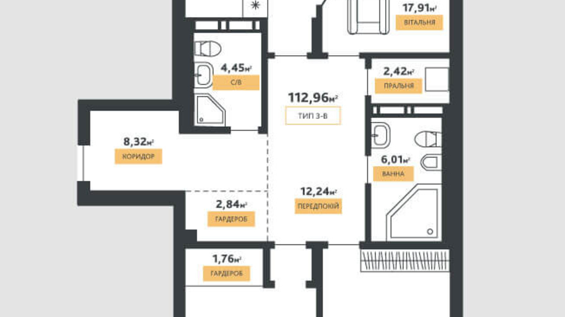 Планування 3-кімнатної квартири в КБ La Manche 112.96 м², фото 283934