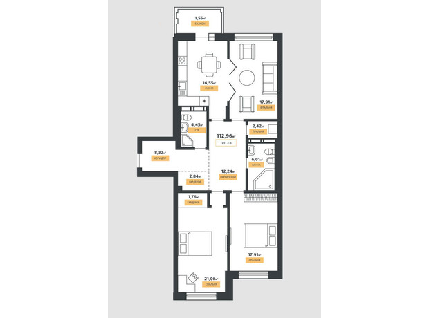 КД La Manche: планировка 3-комнатной квартиры 112.96 м²