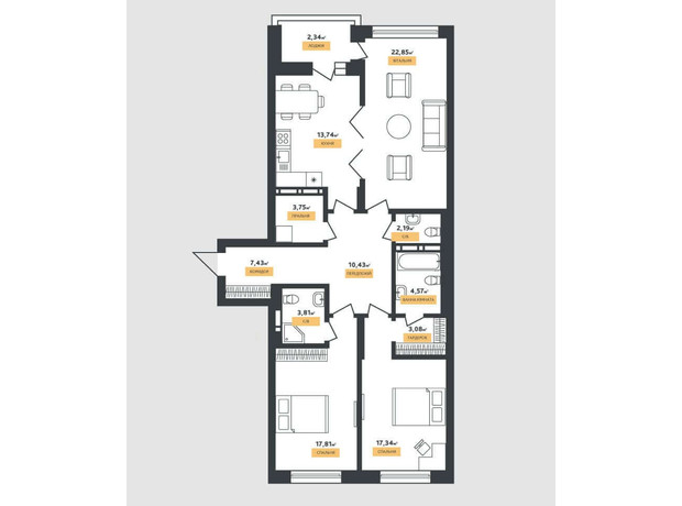 КД La Manche: планировка 3-комнатной квартиры 109.34 м²