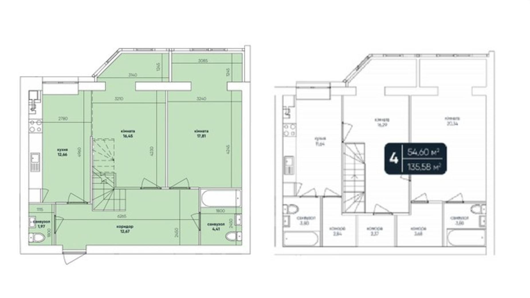 Планування багато­рівневої квартири в ЖК Ковалівський 135.58 м², фото 284432