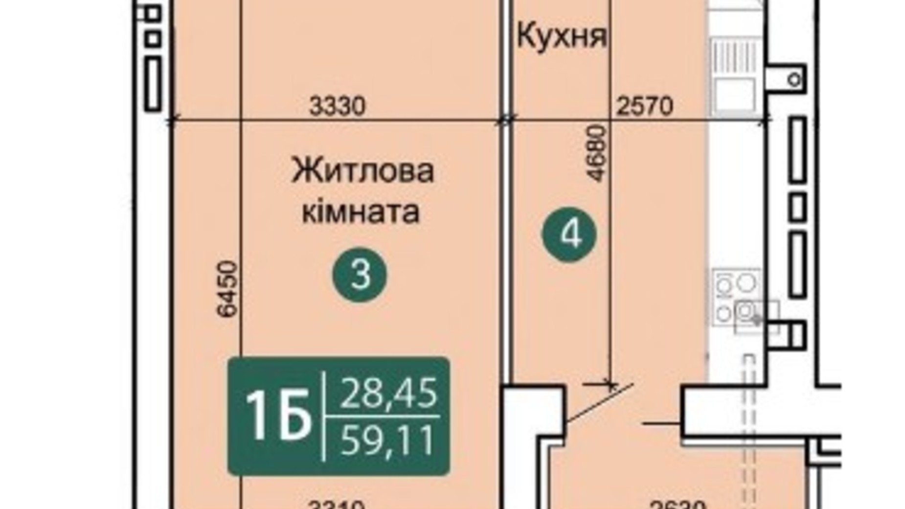 Планировка 1-комнатной квартиры в ЖК Заречный 59.11 м², фото 284466