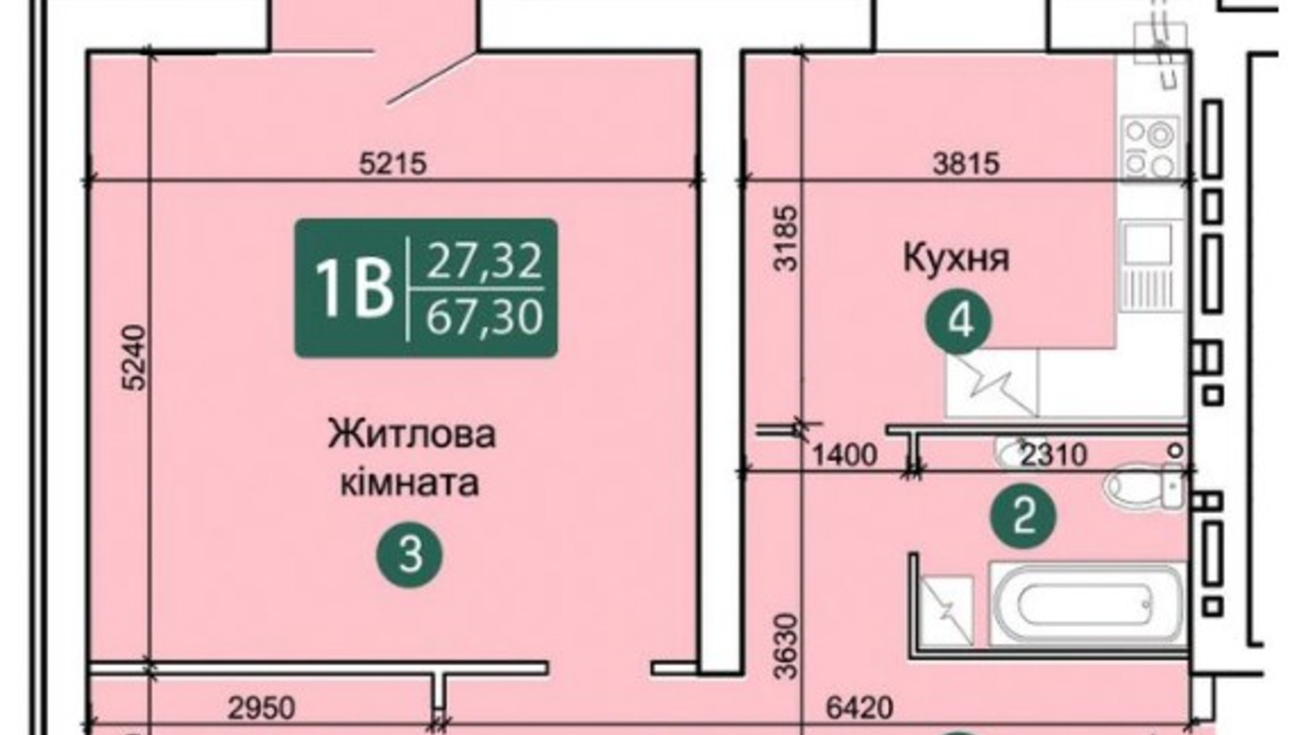 Планировка 1-комнатной квартиры в ЖК Заречный 67.3 м², фото 284467