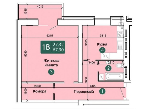 ЖК Заречный: планировка 1-комнатной квартиры 67.3 м²