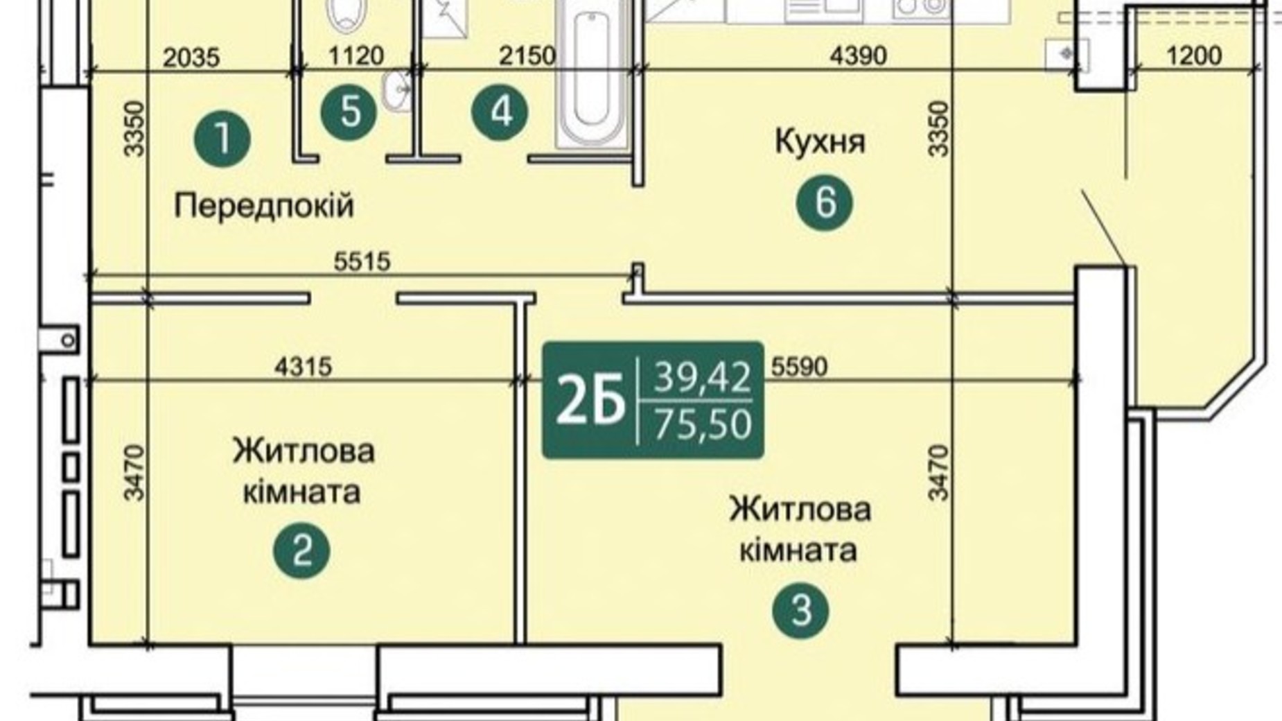 Планировка 2-комнатной квартиры в ЖК Заречный 75.5 м², фото 284468