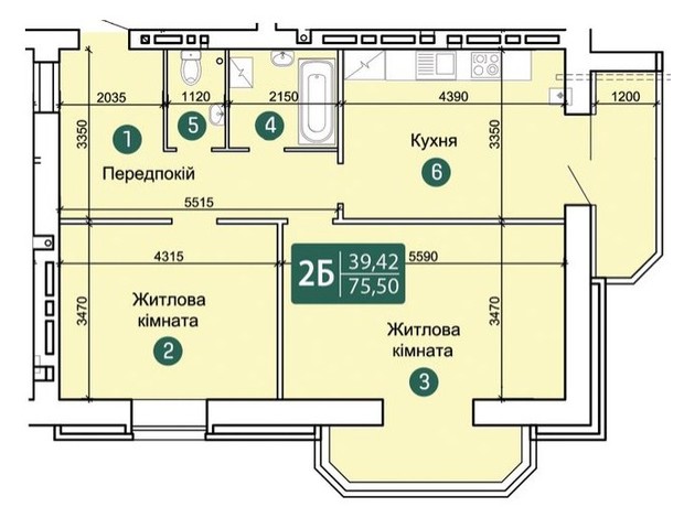 ЖК Заречный: планировка 2-комнатной квартиры 75.5 м²