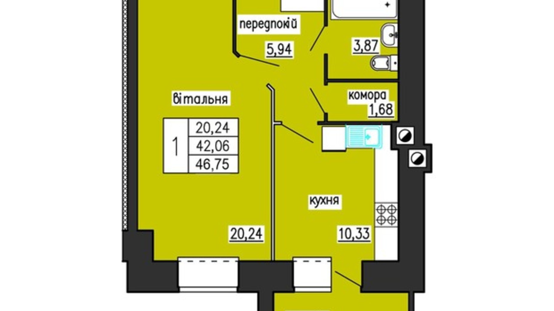 Планування 1-кімнатної квартири в ЖК по вул. Лучаківського-Тролейбусна 46.75 м², фото 285007