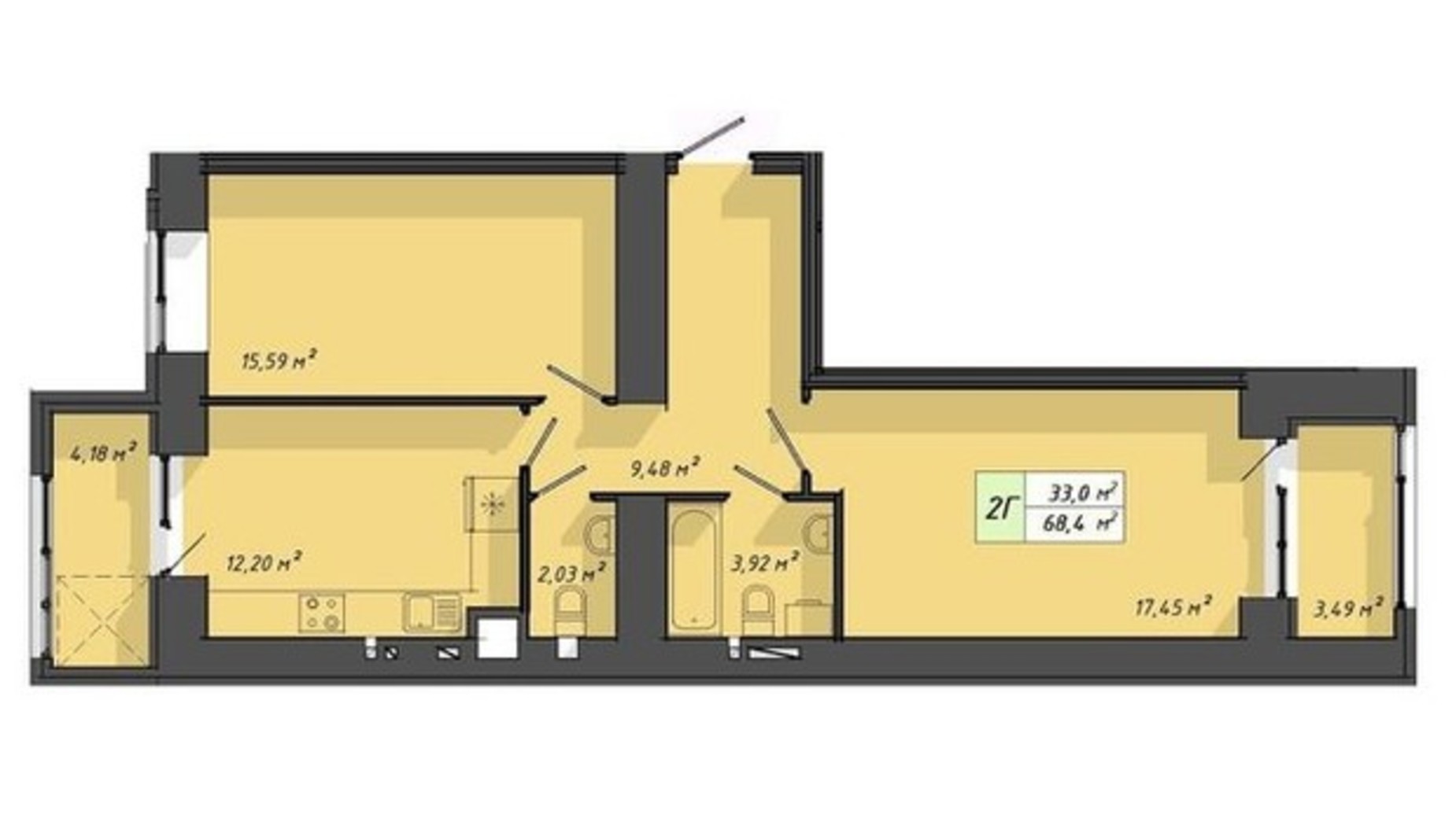 Планування 2-кімнатної квартири в ЖК Львівський 68.4 м², фото 285110
