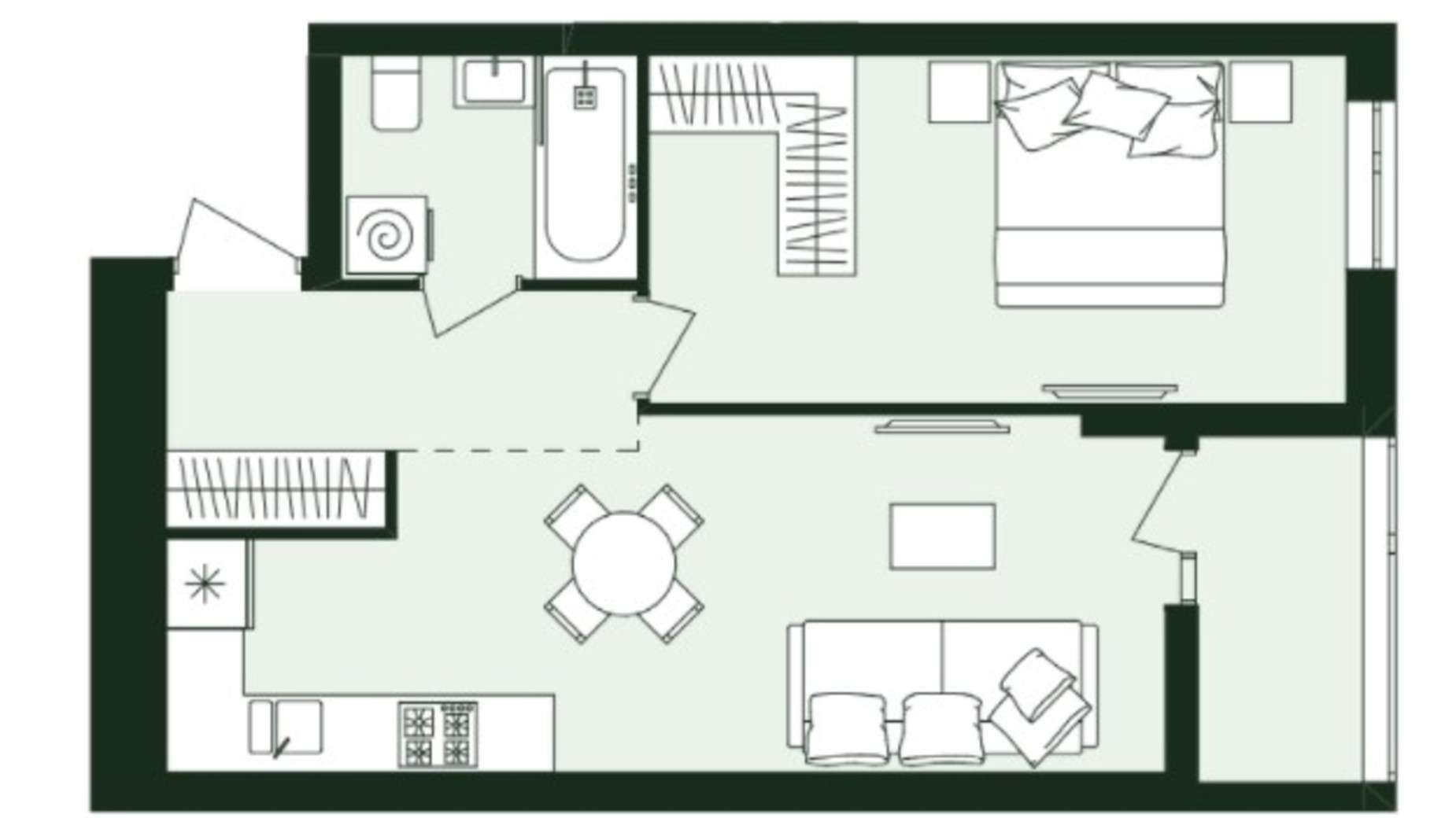 Планування 1-кімнатної квартири в ЖК Avalon Zelena Street 46.44 м², фото 285492