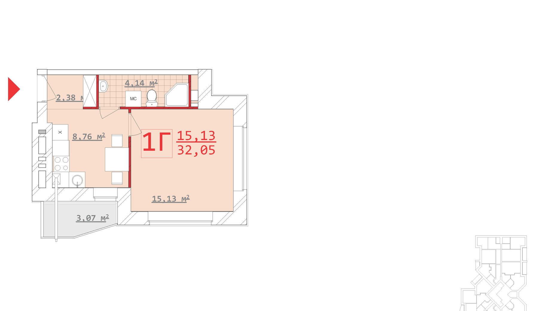 Планировка 1-комнатной квартиры в ЖК Новый дом Котлова 32.05 м², фото 286663