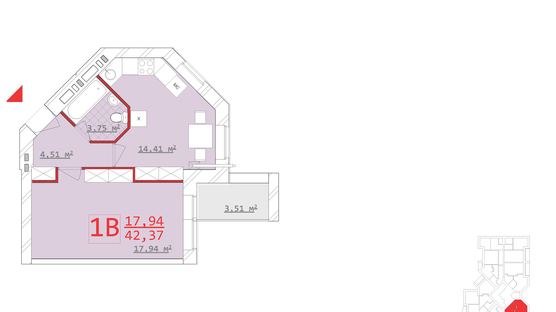 Планировка 1-комнатной квартиры в ЖК Новый дом Котлова 42.37 м², фото 286664
