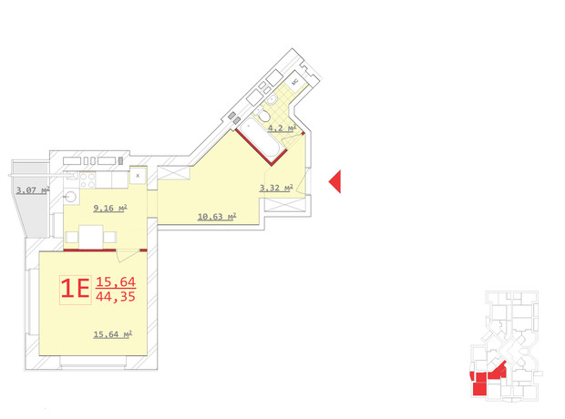 ЖК Новый дом Котлова: планировка 1-комнатной квартиры 44.35 м²