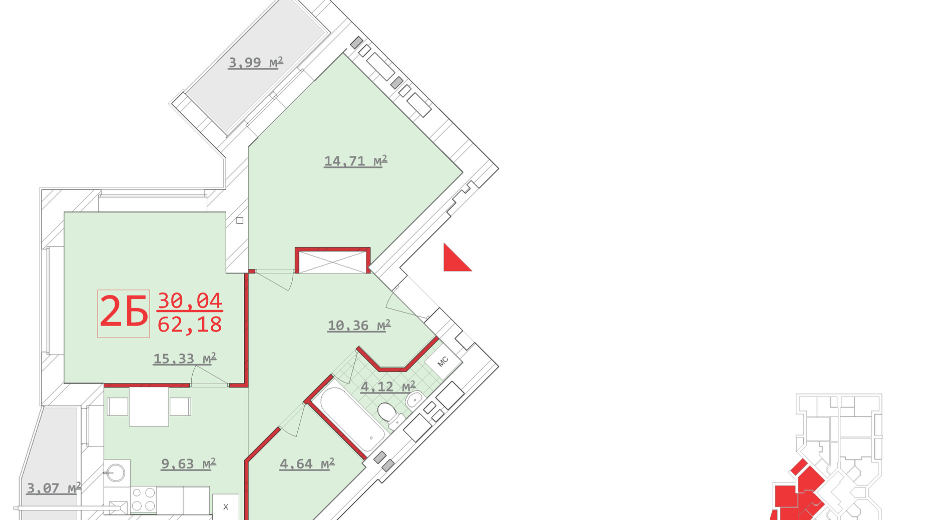 Планировка 2-комнатной квартиры в ЖК Новый дом Котлова 62.18 м², фото 286670