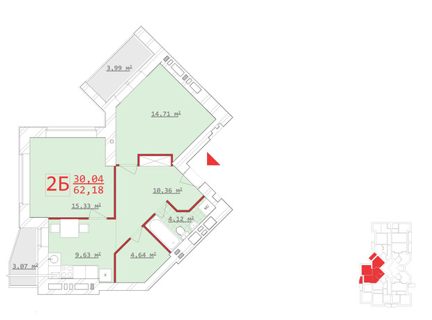 ЖК Новий дім Котлова: планування 2-кімнатної квартири 62.18 м²