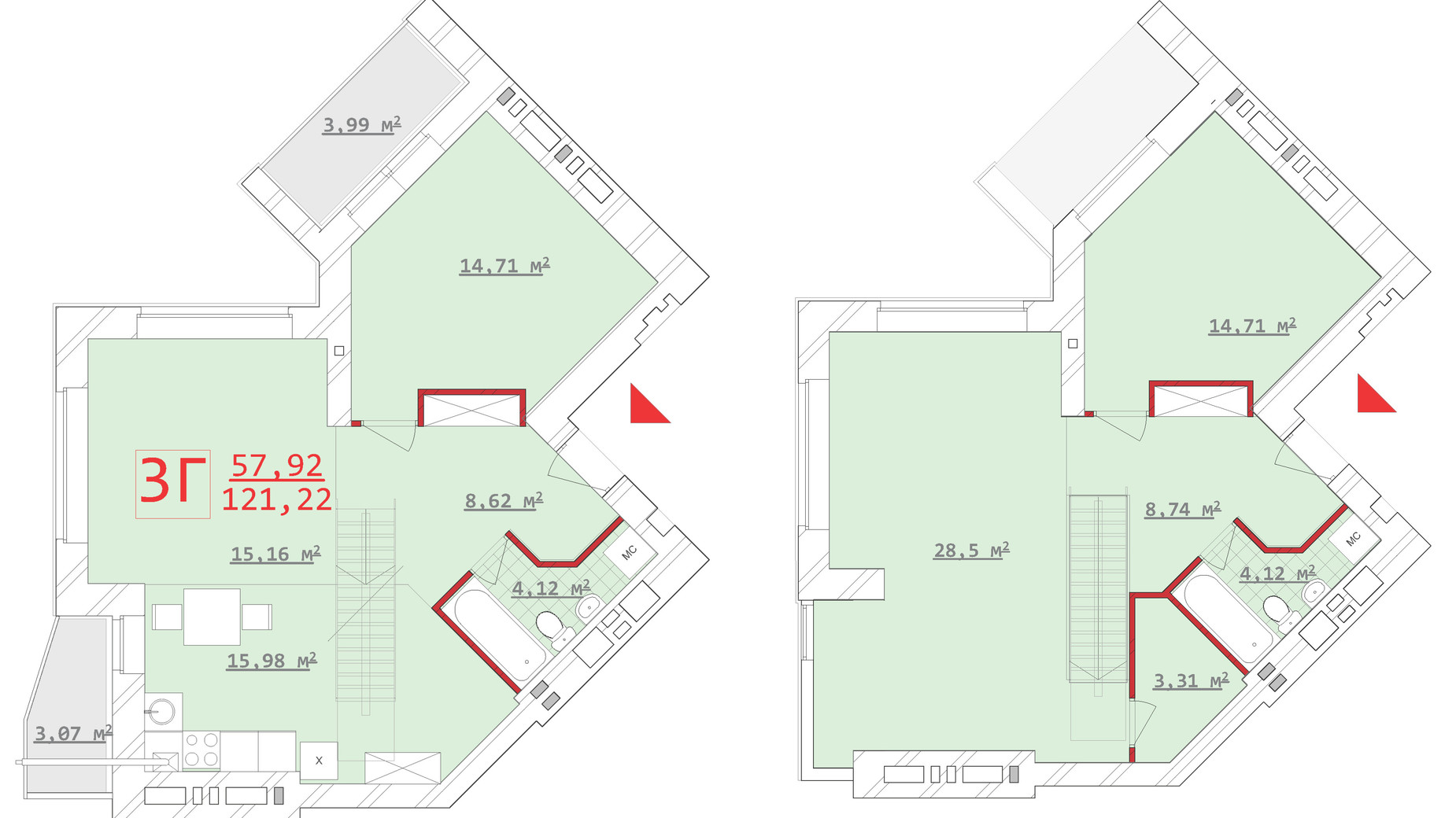Планування багато­рівневої квартири в ЖК Новий дім Котлова 121.22 м², фото 286673