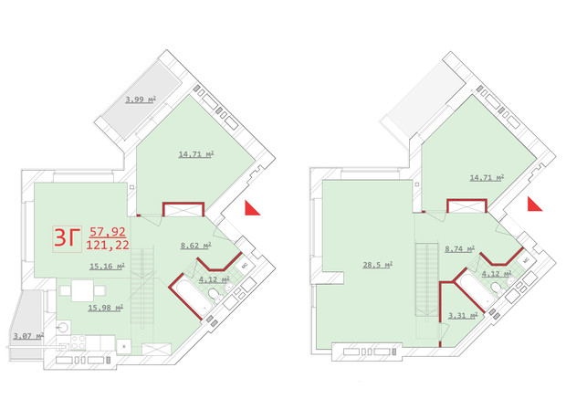 ЖК Новый дом Котлова: планировка 3-комнатной квартиры 121.22 м²